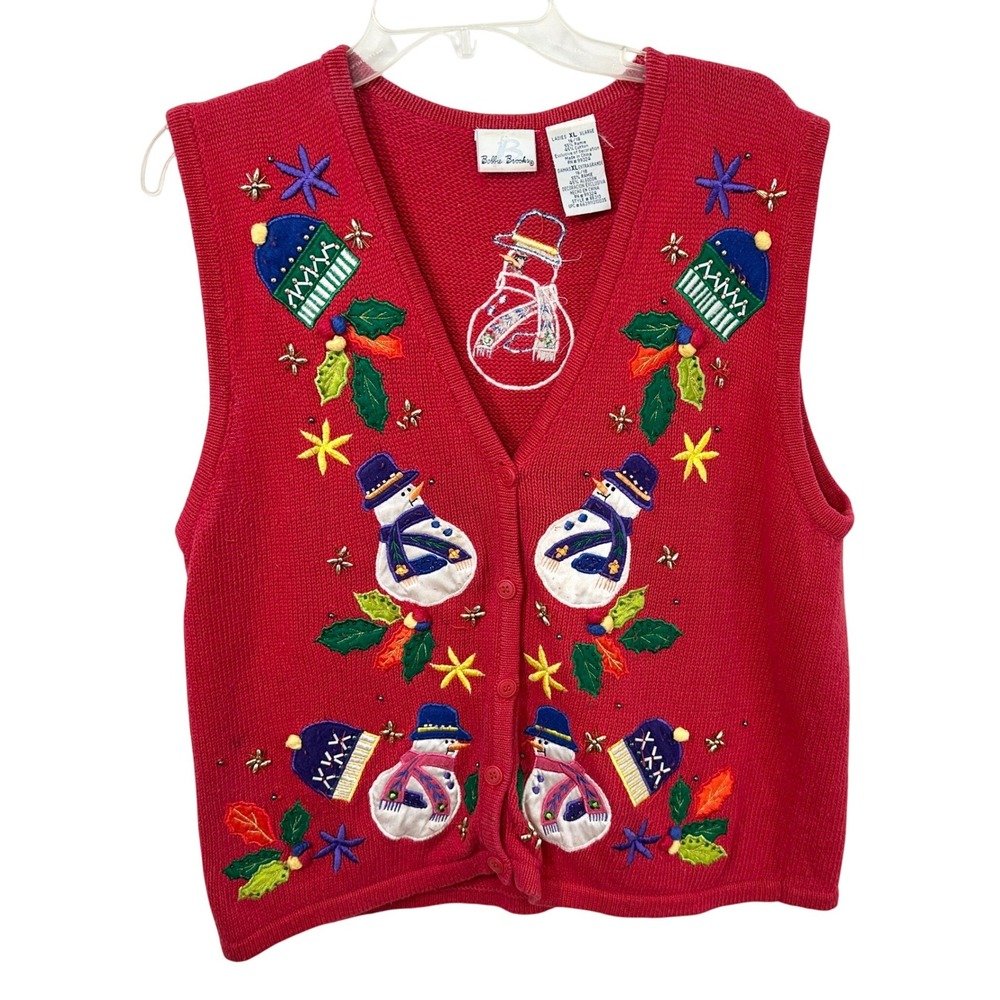 Bobbie Brooks XL Sweater Vest Red Snowman Embroidered Holiday Knit VTG Ugly 840